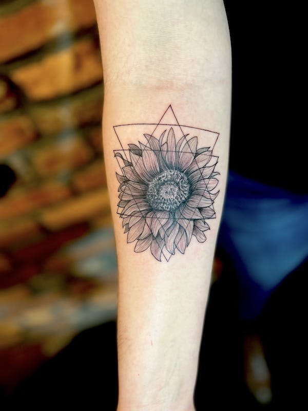 #13 Brian, Black _ Grey realism_ Geometric Tattoo, Sunflower arm