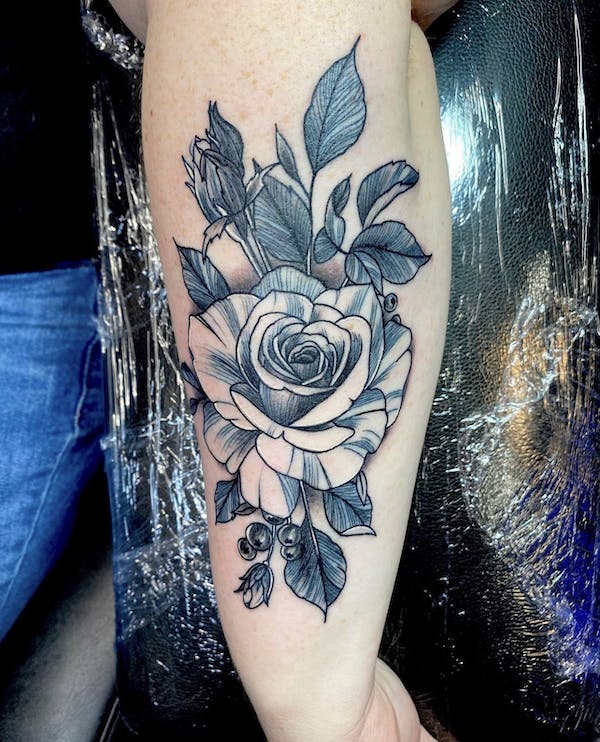#14 Brian, Black _ Grey fine line Neotraditional Tattoo, Rose with leaves _ berries