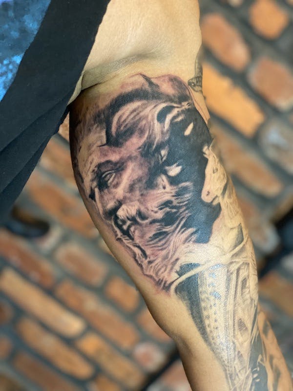 #15 Brian, Black _ Grey realism Tattoo, Statue arm