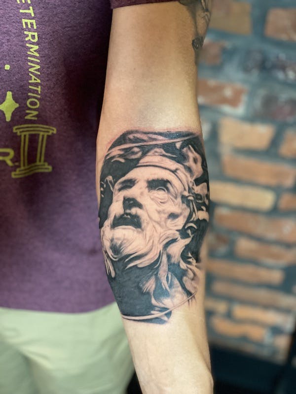 #16 Brian, Black _ Grey realism Tattoo, Statue arm