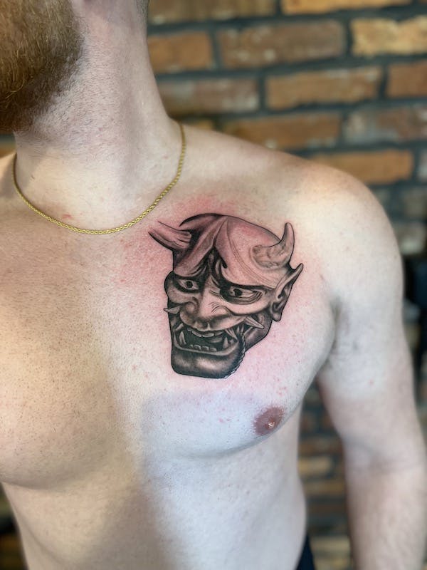 #19 Brian, Black _ Grey realism Tattoo, Oni Mask chest