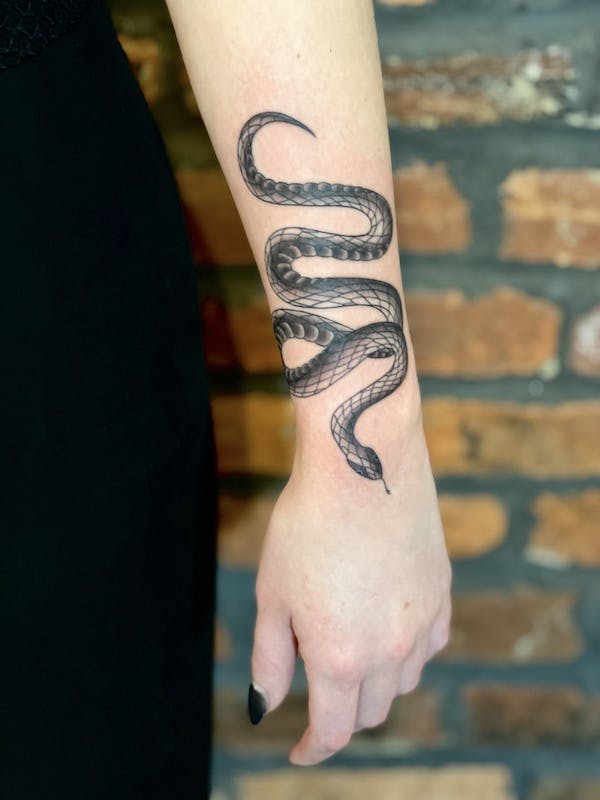 #27 Brian, Black _ Grey fine line Tattoo, Snake wrist