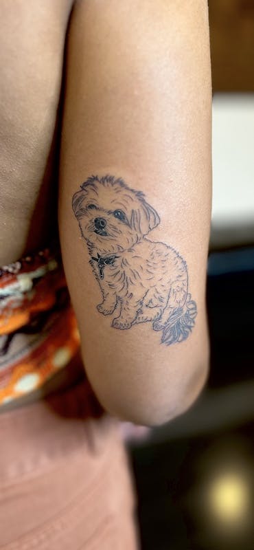 #30 Brian, Black _ Grey fine line_ mini realism Tattoo, Dog back arm