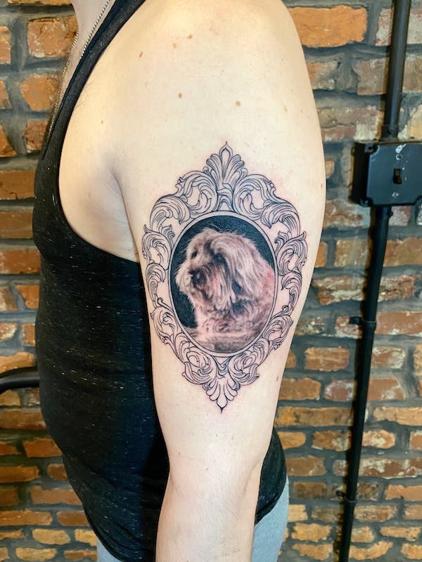 #5 Brian, Black _ Grey realism Tattoo, Dog Portrait quarter sleeve