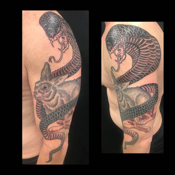 55 cobra _ rabbit half sleeve tattoo by Fatty, Fattys Tattoos _ Piercings Maryland
