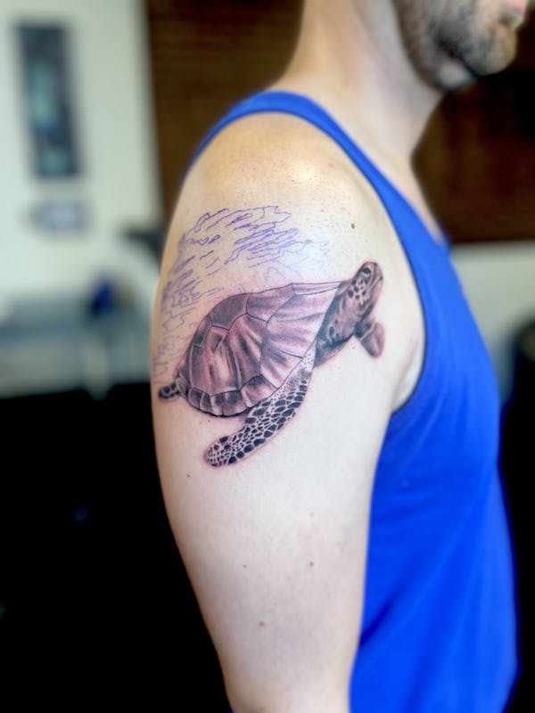 #7 Brian, Black _ Grey realism Tattoo, Sea Turtle quarter sleeve