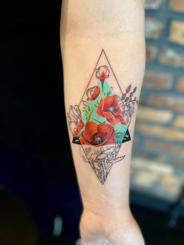 #8 Brian, Color_geometric_fine line realism Tattoo, Poppy Flowers quarter sleeve