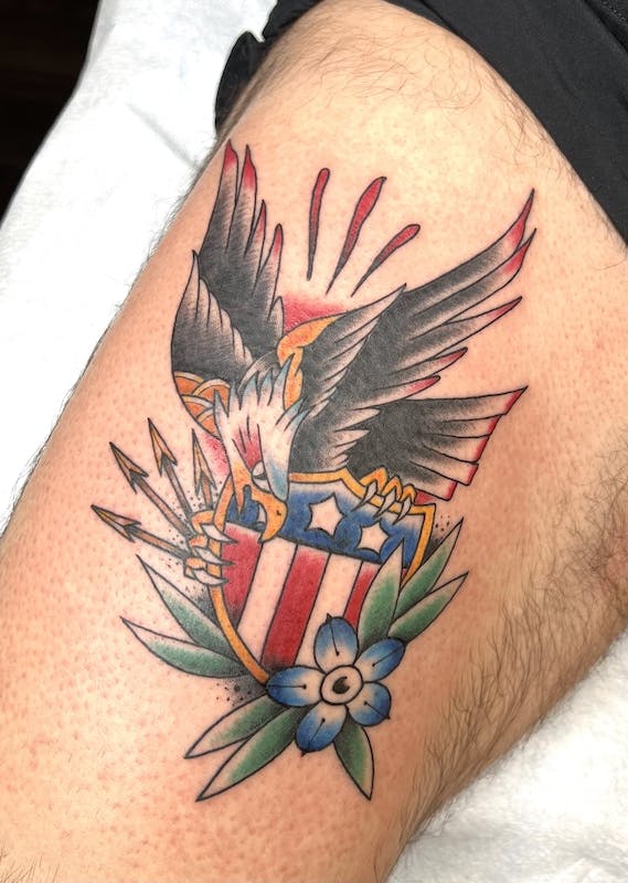 American Traditional Eagle & Shield Tattoo by Rubio, Fattys Tattoos & Piercings