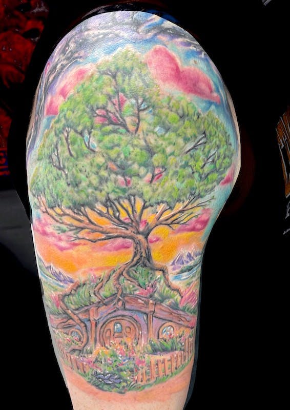 13 Mikey full color hobbit hole with tree tattoo