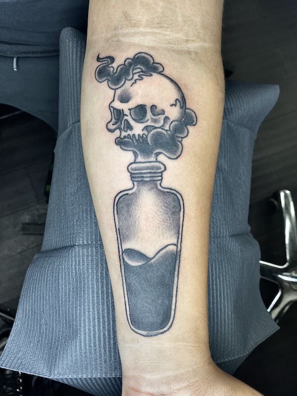 21 Ashley, American Traditional Tattoo, skull in a bottle