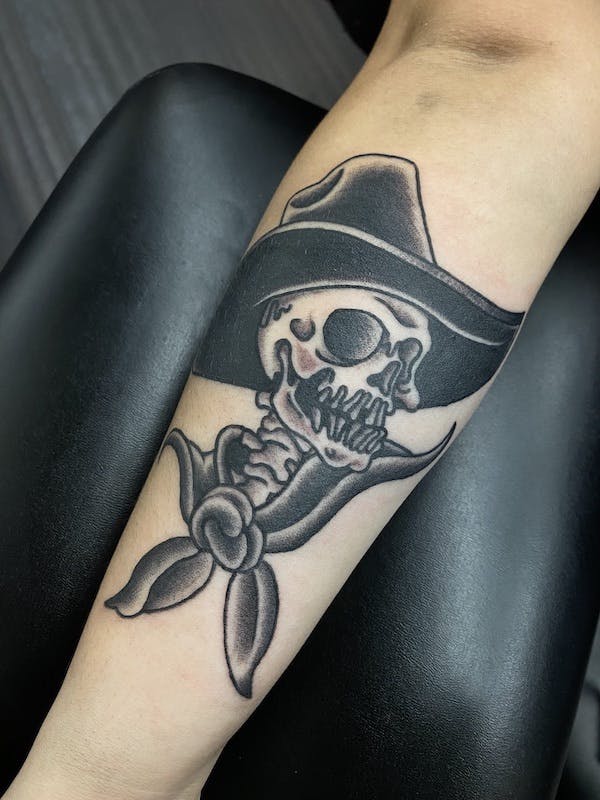 33 Ashley, American Traditional Tattoo, cowboy skull