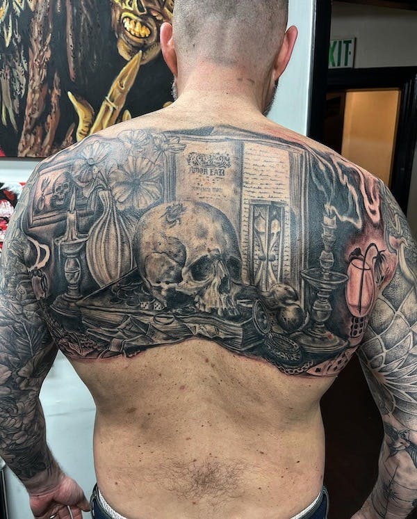 Skull Backpiece Tattoo by Mikey, Fattys Tattoos & Piercings