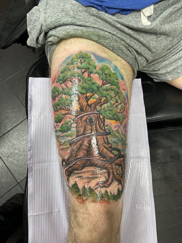8 Mikey freehand color tree tattoo