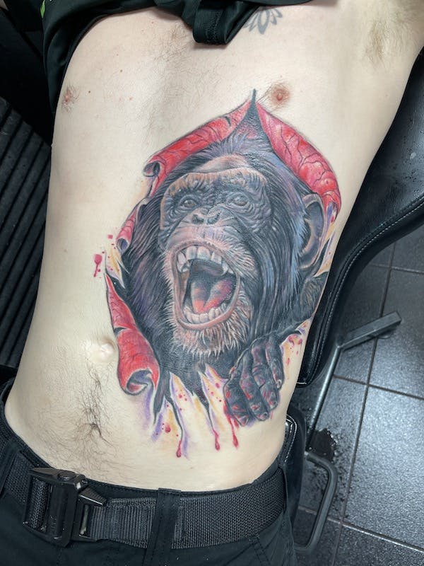 color realism monkey Tattoo by Mikey, Fattys Tattoos & Piercings